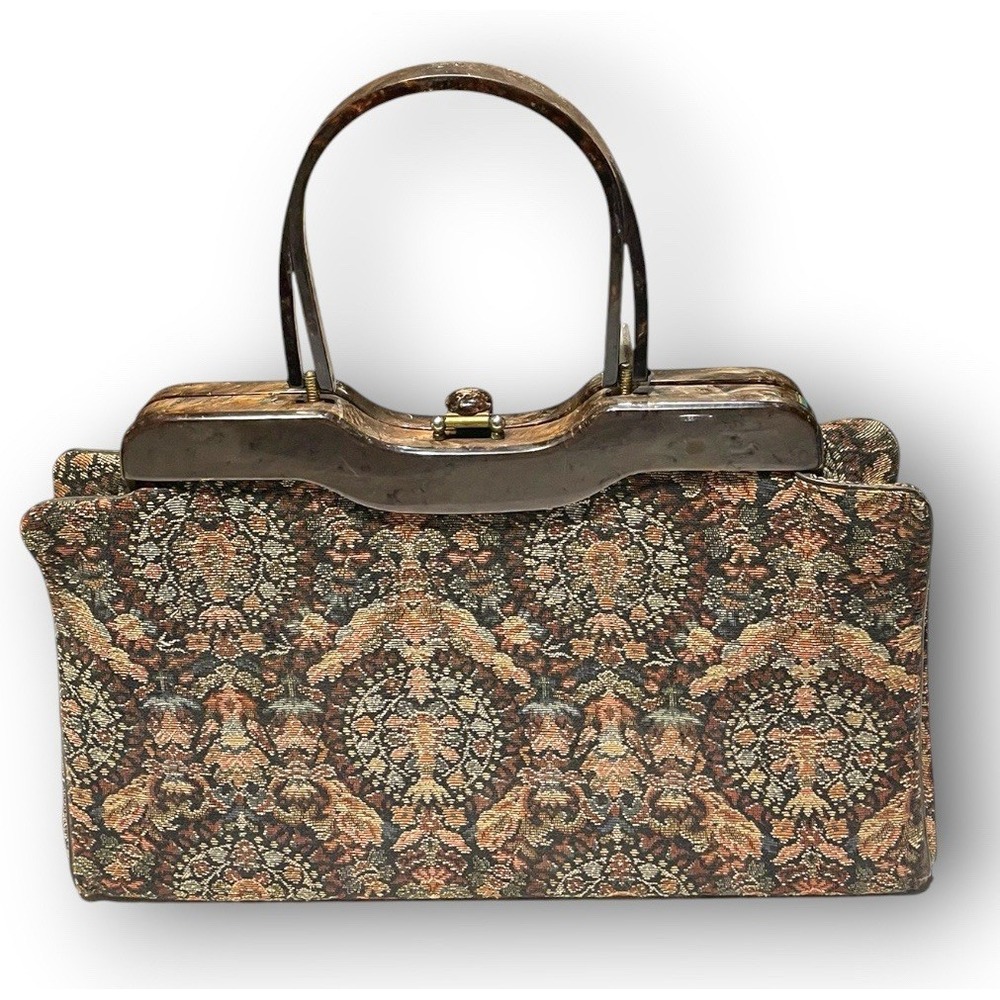 Vintage 1950s Original Rialto Tapestry Handbag Lucite Faux Tortoise‎ Frame Purse